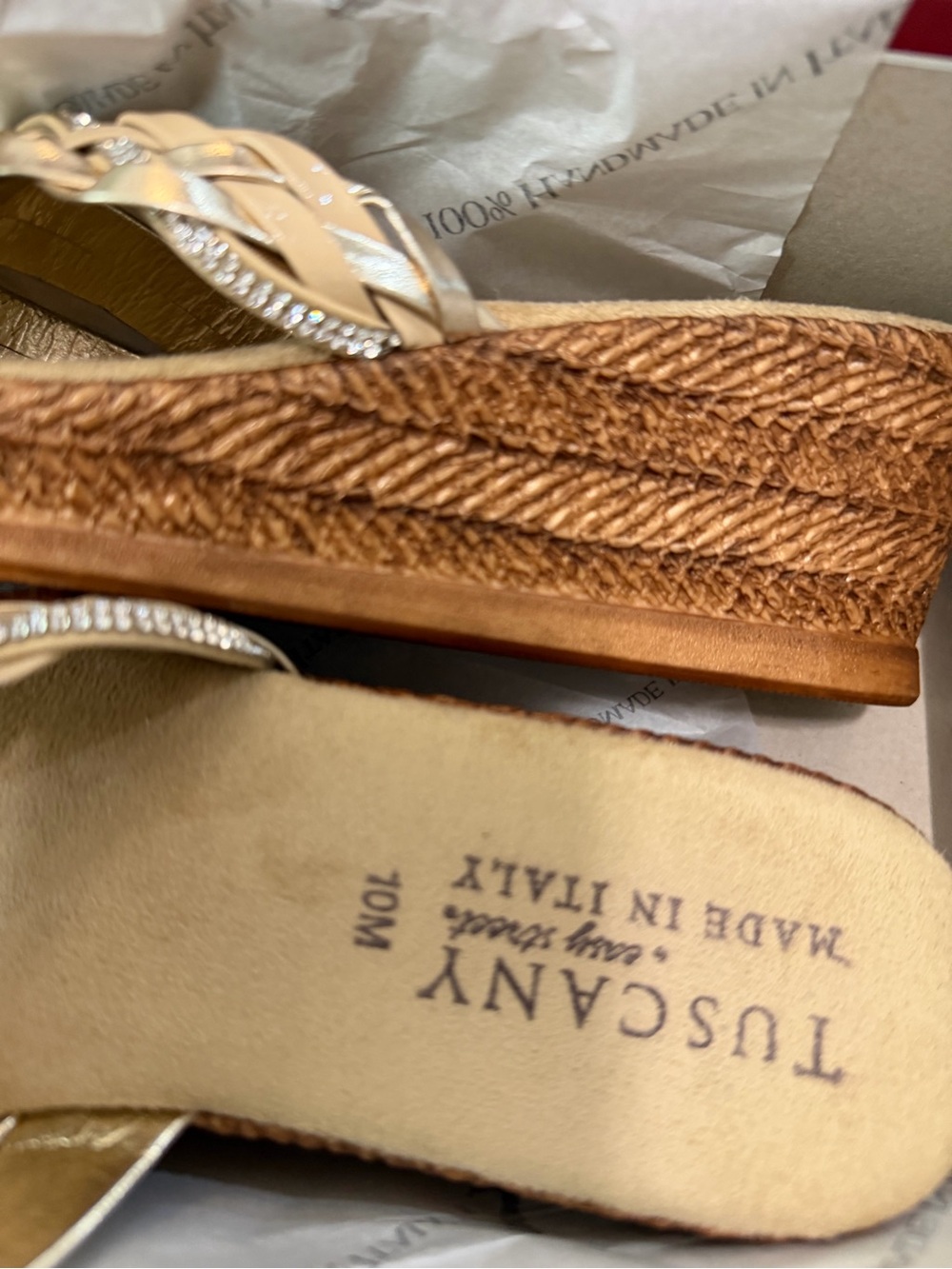 Tuscany Leather Wedge Sandals in Tan with Rhinestone Straps